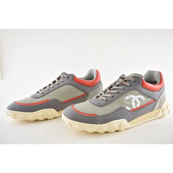 Chanel Mens 18K Grey Orange Nylon CC Logo Lace Up Low Top Trainer Sneaker 44 11 - Picture 11 of 14